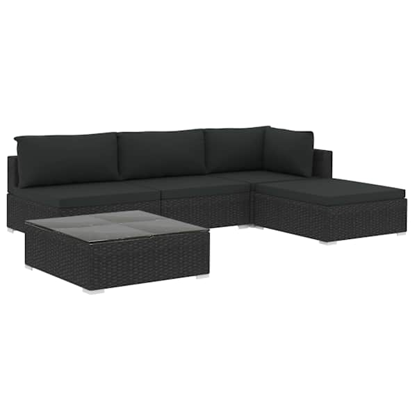 vidaXL 5-osaline aiam&ouml;&ouml;blikomplekt patjadega, pol&uuml;rotang, must
