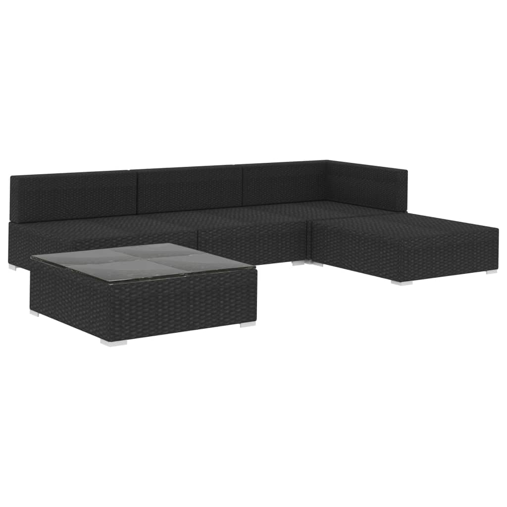 vidaXL 5-részes fekete polyrattan kerti bútorszett párnákkal