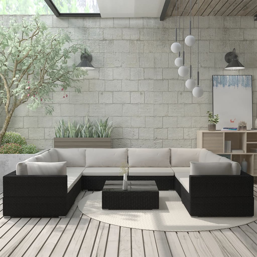 Sodo baldų komplektas su pagalvėmis, 9d., juodas, poliratanas | Stepinfit