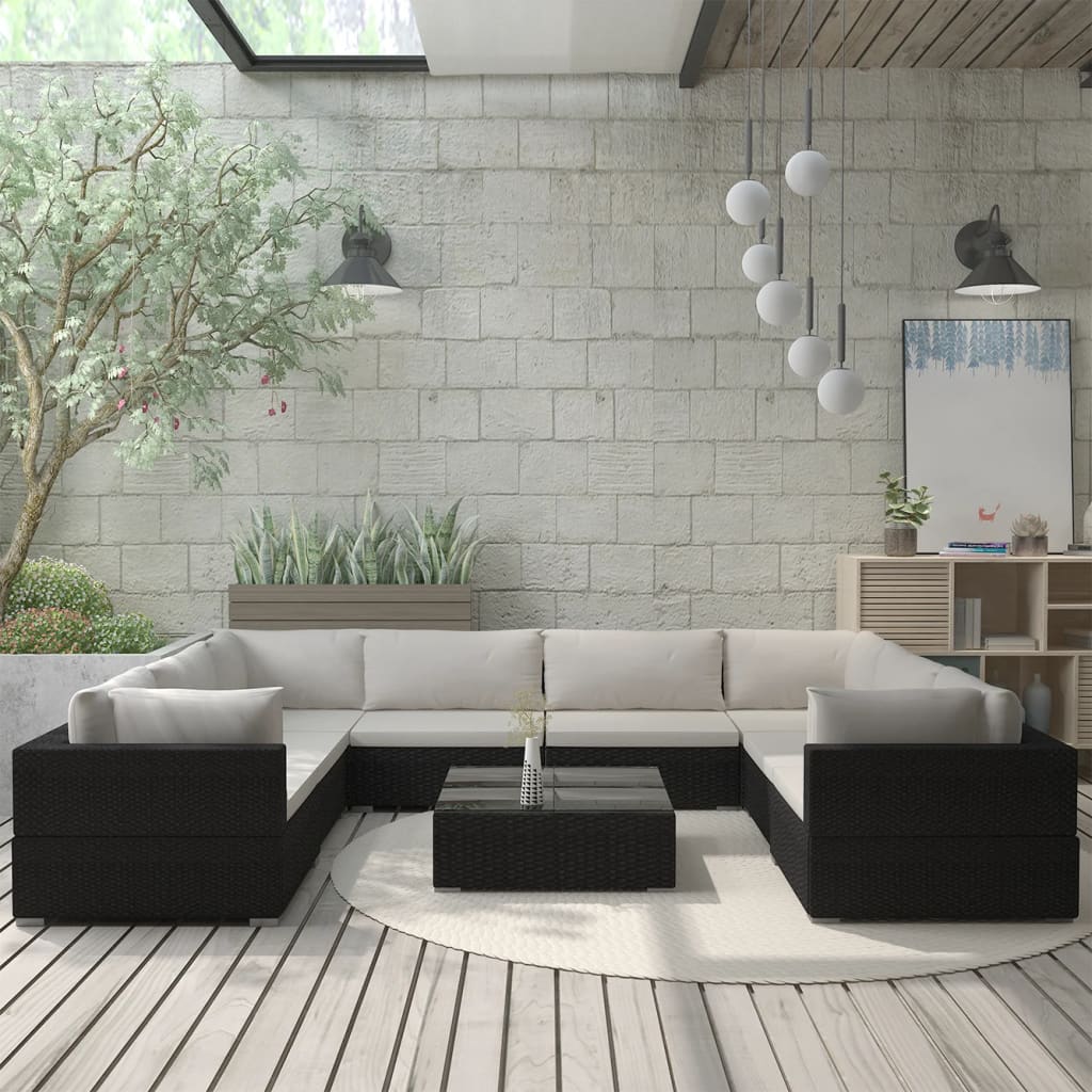 vidaXL Set mobilier de grădină cu perne, 9 piese, negru, poliratan