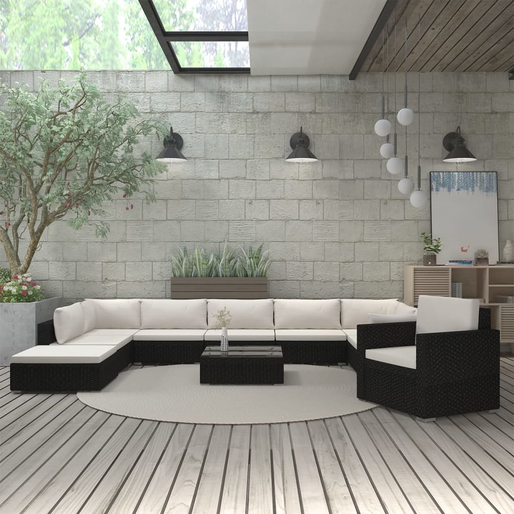 vidaXL Set mobilier de grădină cu perne, 11 piese, negru, poliratan