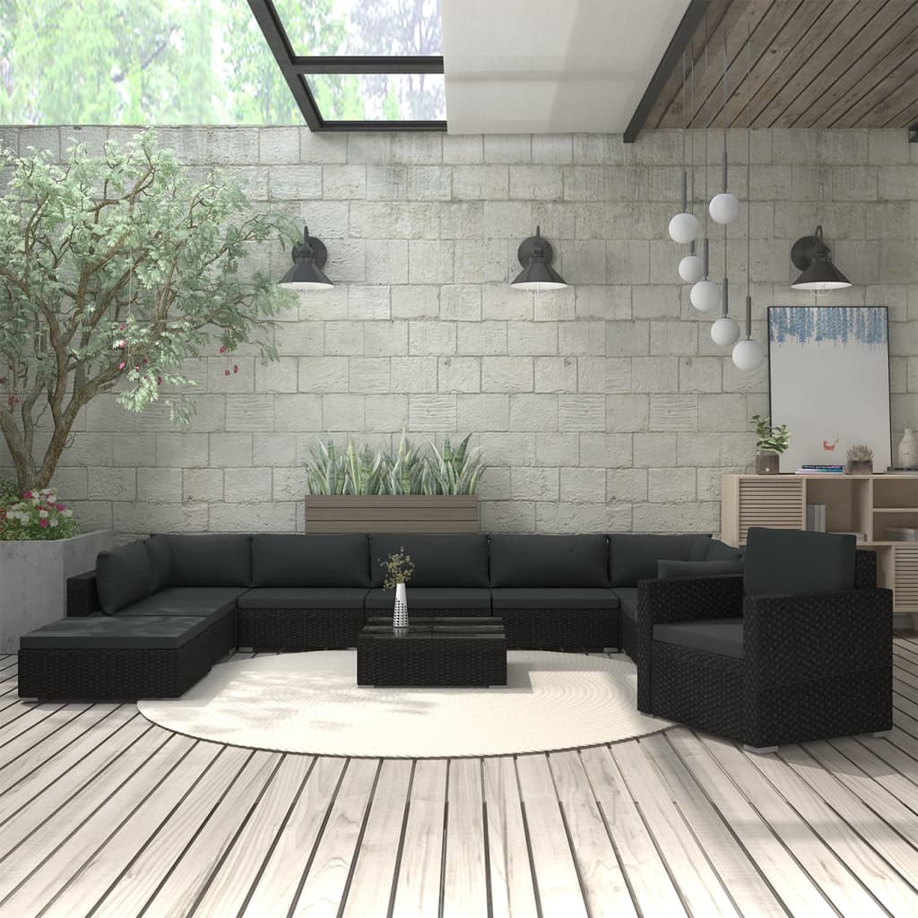 vidaXL Set mobilier de grădină cu perne, 11 piese, negru, poliratan vidaXL imagine model 2022