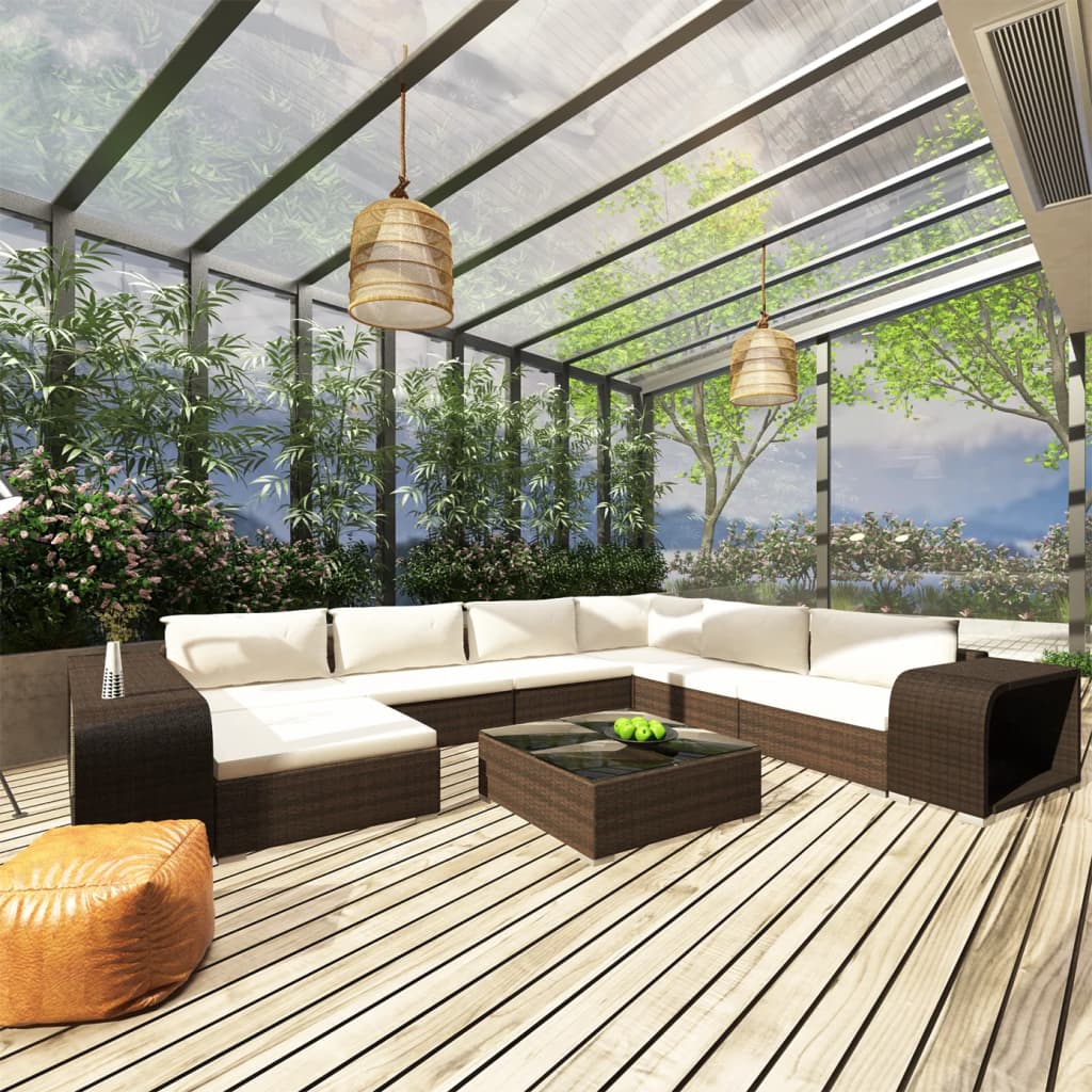 vidaXL Set mobilier de grădină cu perne, 10 piese, maro, poliratan