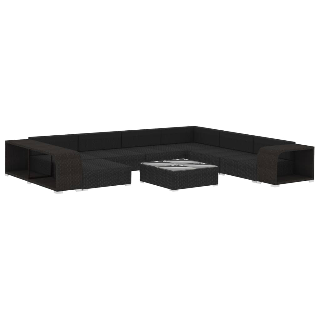 vidaXL 10-részes fekete polyrattan kerti bútorszett párnákkal