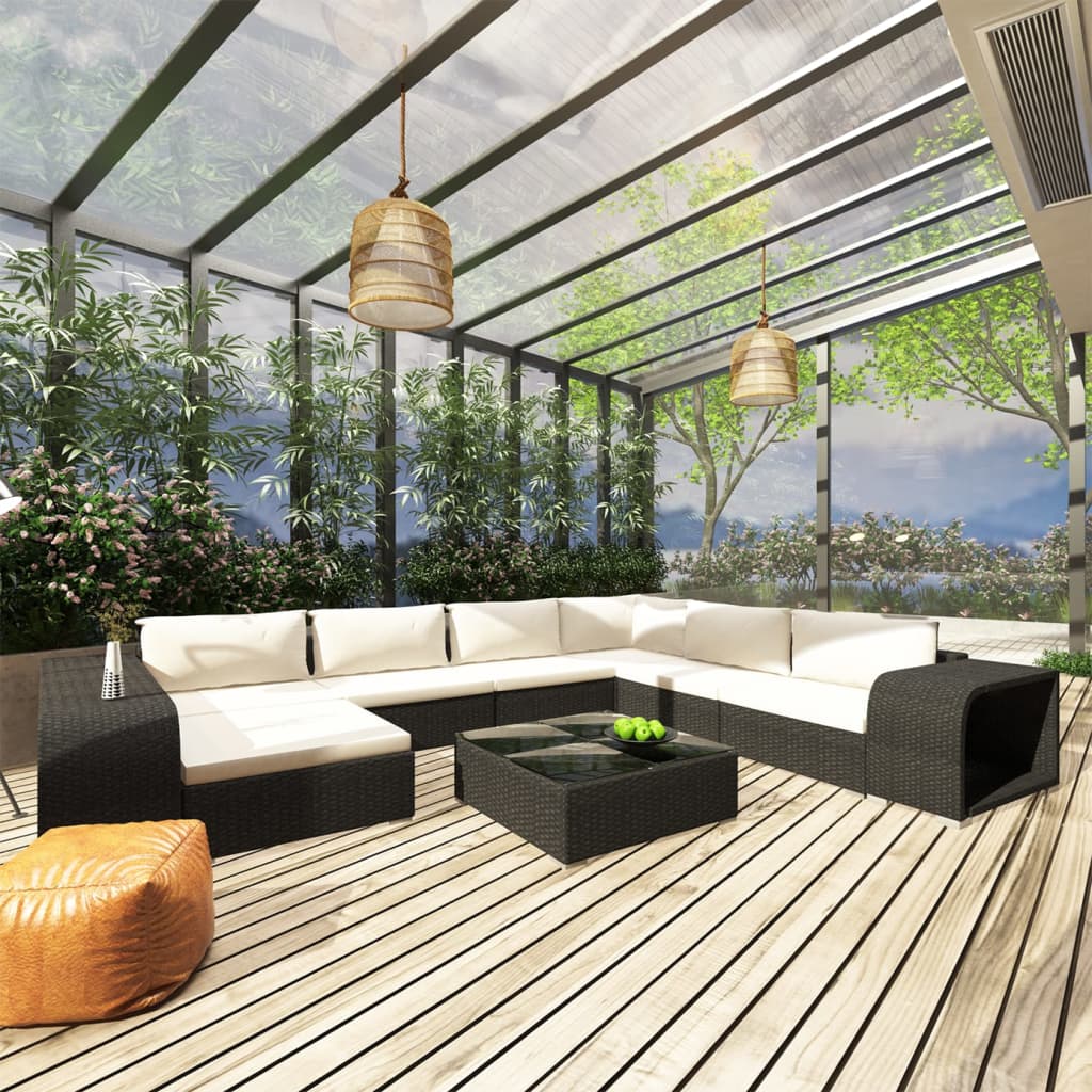 vidaXL Set mobilier de grădină cu perne, 10 piese, negru, poliratan