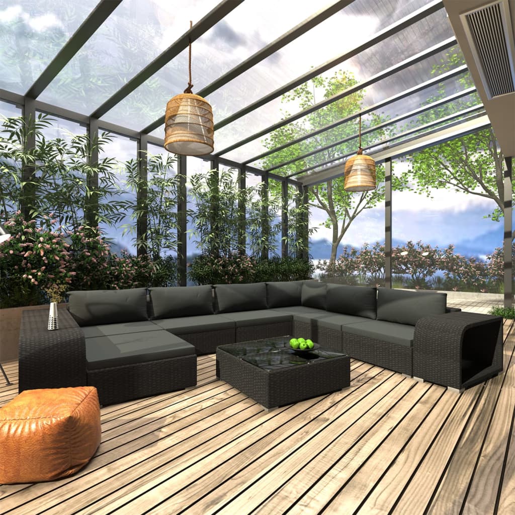 vidaXL Set mobilier de grădină cu perne, 10 piese, negru, poliratan
