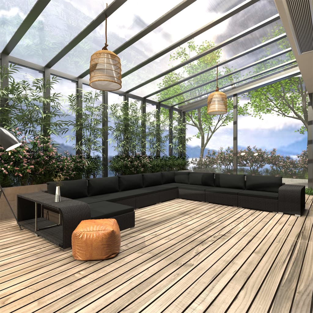 vidaXL Set mobilier de grădină cu perne, 11 piese, negru, poliratan