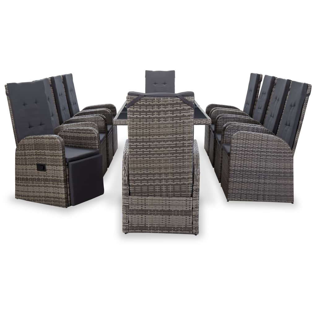 vidaXL 11 Piece Patio Dining Set with Cushions Poly Rattan Gray