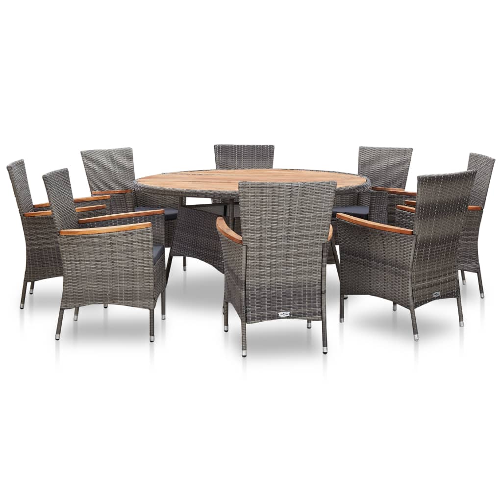 vidaXL Set mobilier de exterior, 9 piese, gri, poliratan, lemn acacia