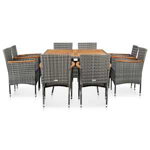 vidaXL Lauko baldų komplektas, 9 dalių, pilkas, ratanas ir akacija