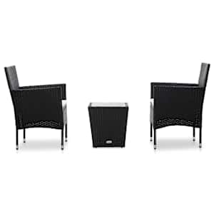 vidaXL Bistro baldų komplektas, 3 dalių, juodas, ratanas ir stiklas