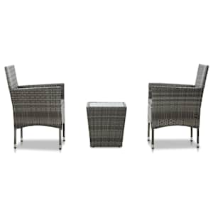 vidaXL Bistro baldų komplektas, 3 dalių, pilkas, ratanas ir stiklas