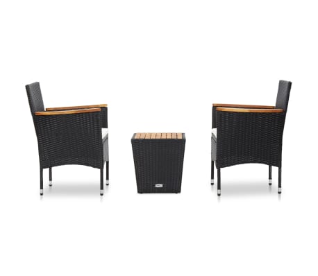 vidaXL Set mobilier bistro, 3 piese, negru, poliratan și lemn acacia