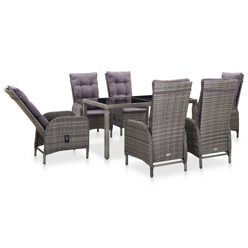 vidaXL 7 Piece Outdoor Dining Set Poly Rattan and Tempered Glass Grey