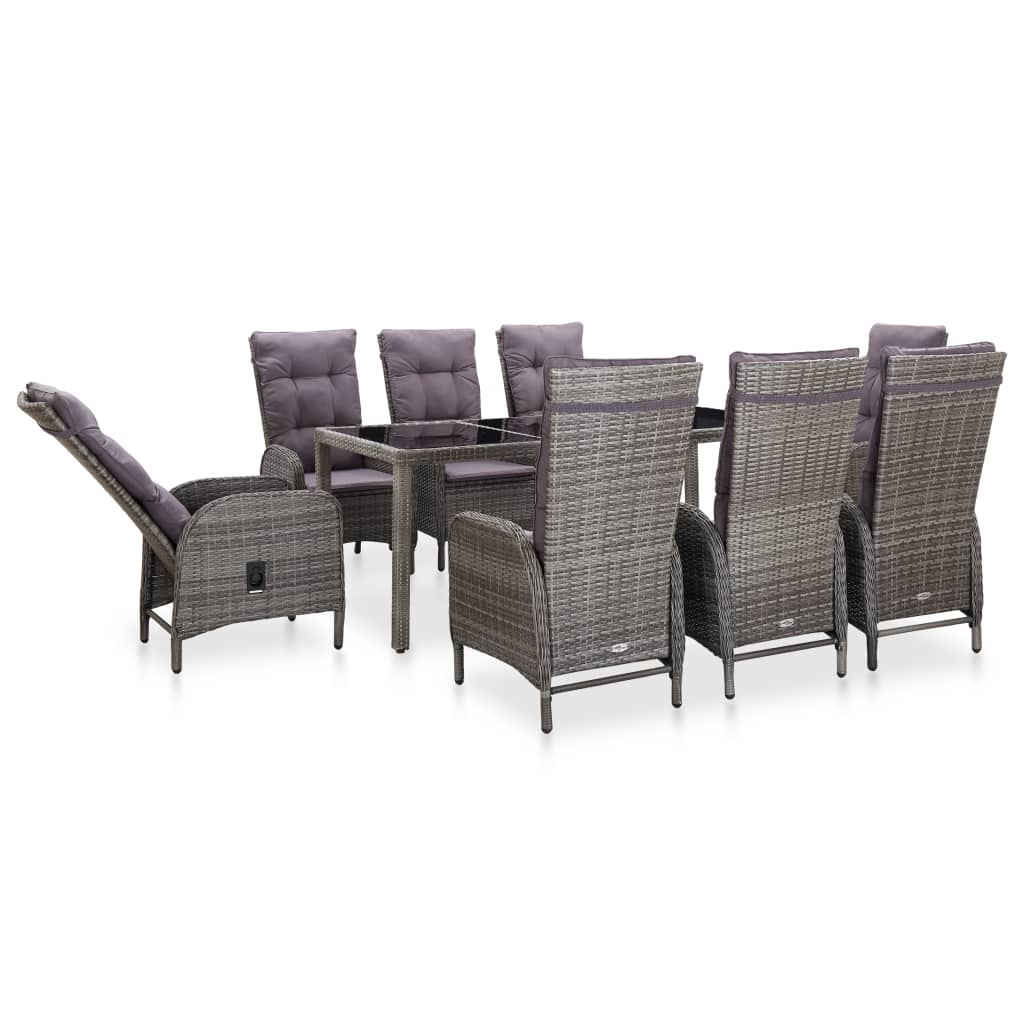 vidaXL 9 Piece Outdoor Dining Set Poly Rattan and Tempered Glass Grey