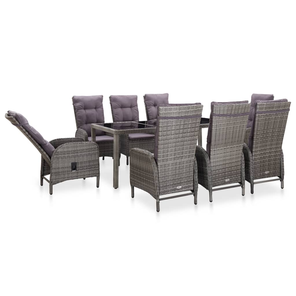 vidaXL Salon de jardin 9 pcs Résine tressée et verre trempé Gris