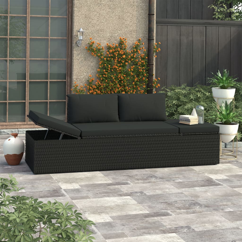 vidaXL Sonnenliege mit Auflage Poly Rattan Schwarz