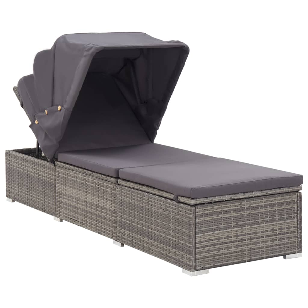 vidaXL Ligbed met luifel en kussen poly rattan grijs afbeelding