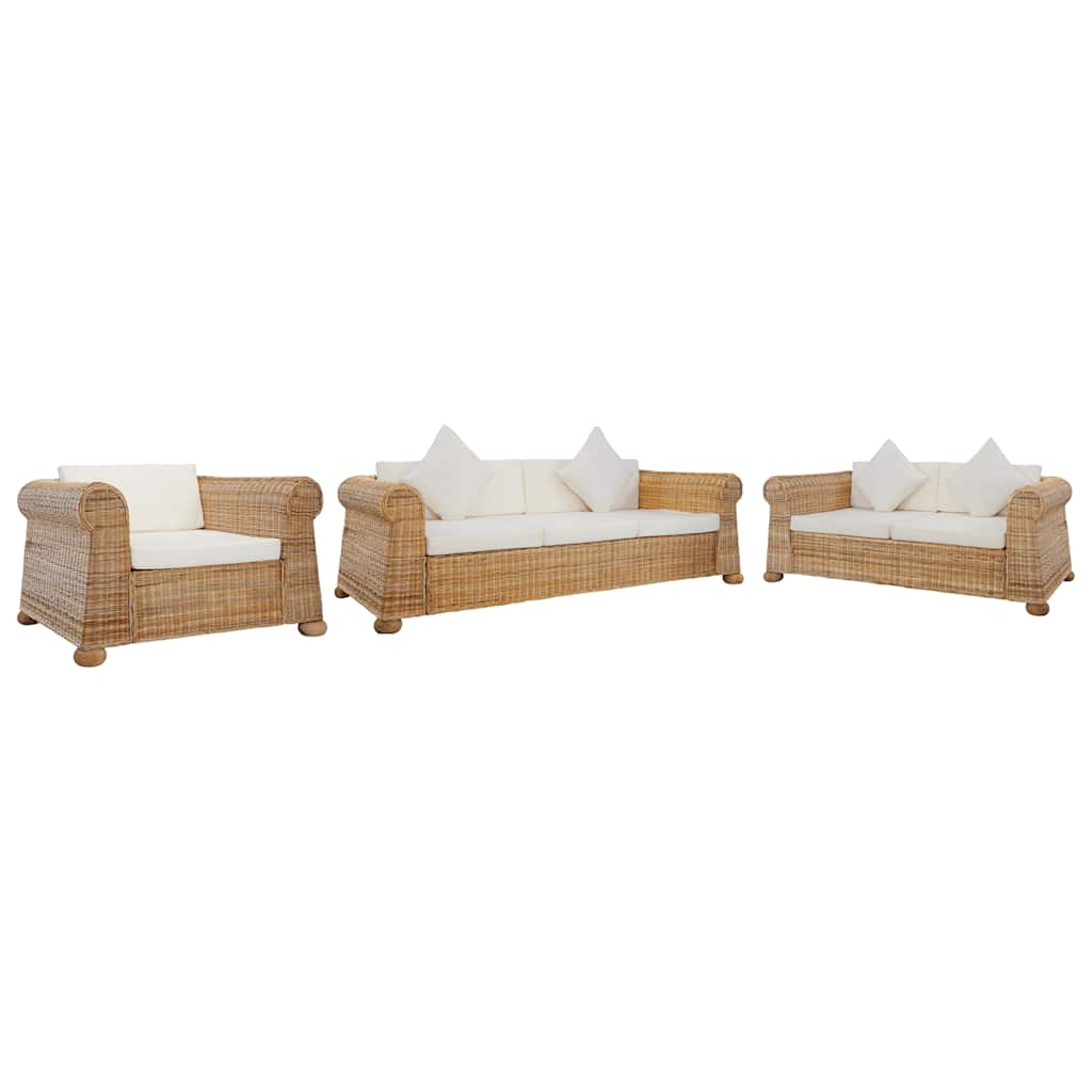 vidaXL Set de canapele cu perne, 3 piese, natural, ratan