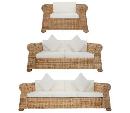 vidaXL 3-delig Bankstel met kussens natuurlijk rattan