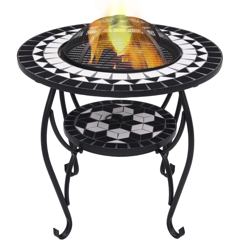 vidaXL Masă cu vatră de foc, mozaic negru și alb, 68 cm, ceramică Alb imagine noua