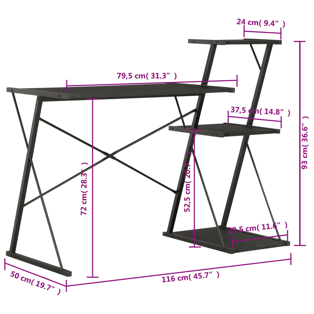 imagem de vidaXL Secretária com prateleira 116x50x93 cm preto8