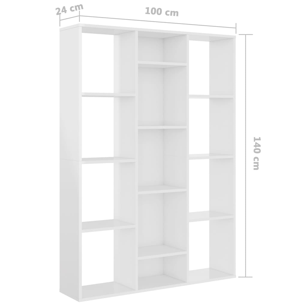 Magasfényű fehér térelválasztó/könyvszekrény 100 x 24 x 140 cm 