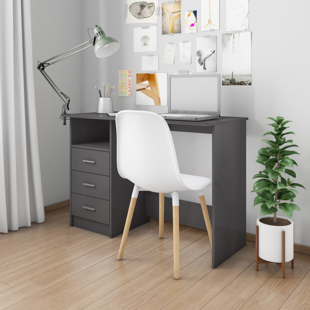vidaXL skrivebord med skuffer 110x50x76 cm spånplade grå højglans