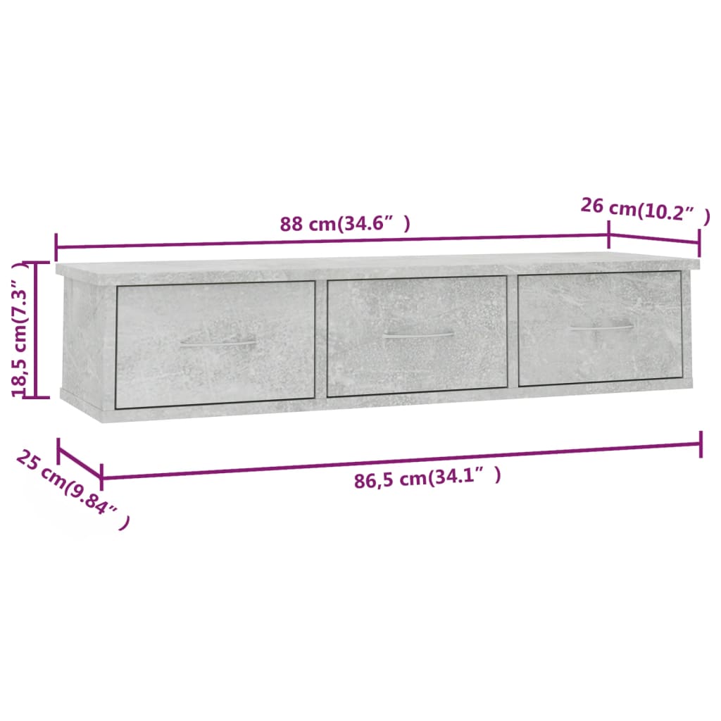 Betonszürke falra szerelhető fiókos polc 88 x 26 x 18,5 cm 