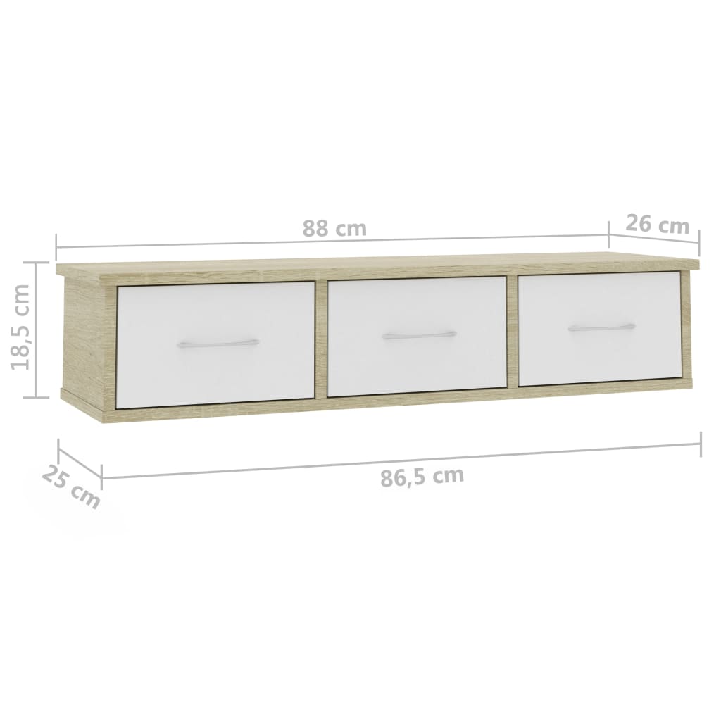 Wand-Schubladenregal Weiß Sonoma-Eiche 88x26x18,5 cm Spanplatte