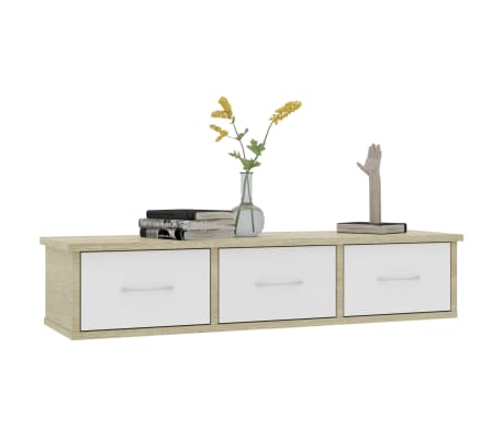 vidaXL P&oacute;łka ścienna z szufladami, biel i dąb sonoma, 88x26x18,5 cm