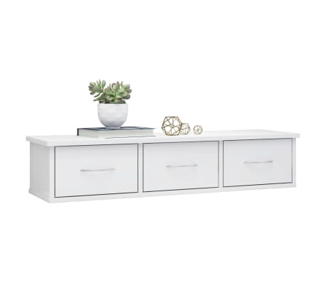 vidaXL Ράφι Τοίχου με Συρτάρια Γυαλ. Λευκό 88x26x18,5 εκ. Επεξ. Ξύλο