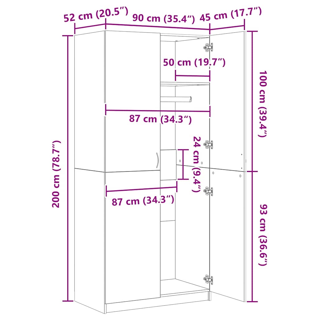 Vaatekaappi betoninharmaa 90x52x200 cm tekninen puu - Image 11