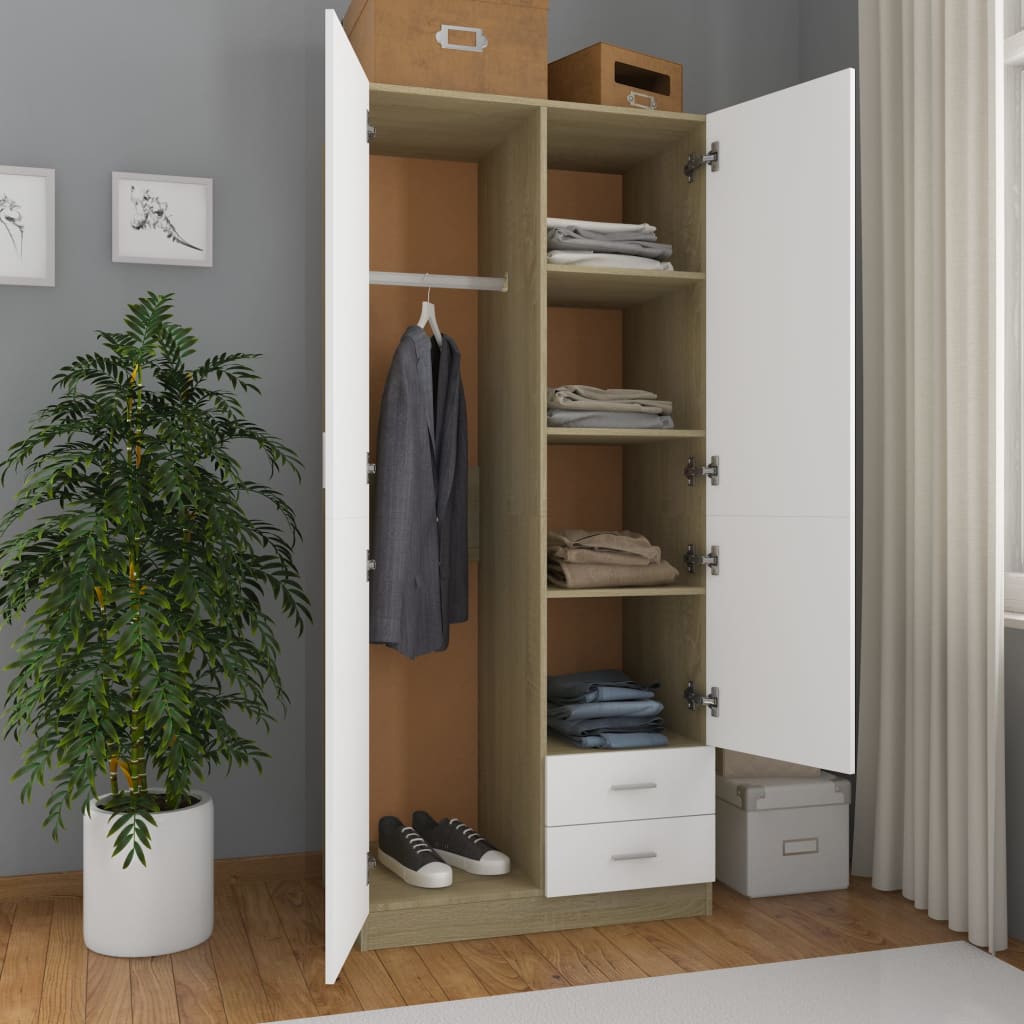 

vidaXL Kledingkast 80x52x180 cm spaanplaat wit en sonoma eikenkleurig