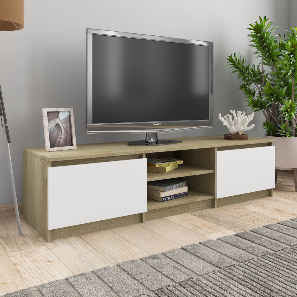 TV stolek bílý a dub sonoma 140 x 40 x 35,5 cm dřevotříska