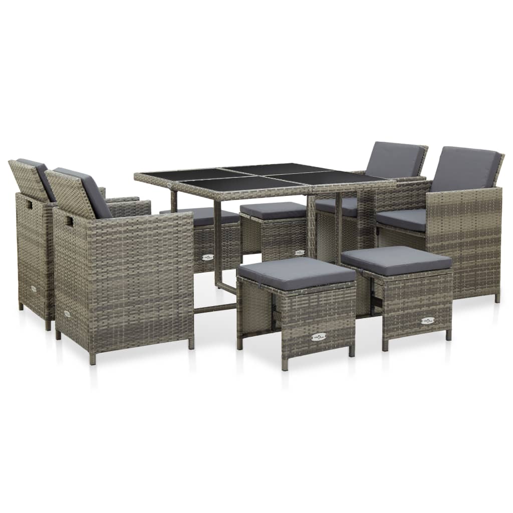 Mobilier à dîner de jardin 9pcs et coussins Résine tressée Gris