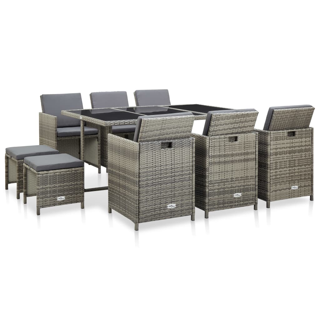 vidaXL Set mobilier de exterior cu perne, 11 piese, gri, poliratan
