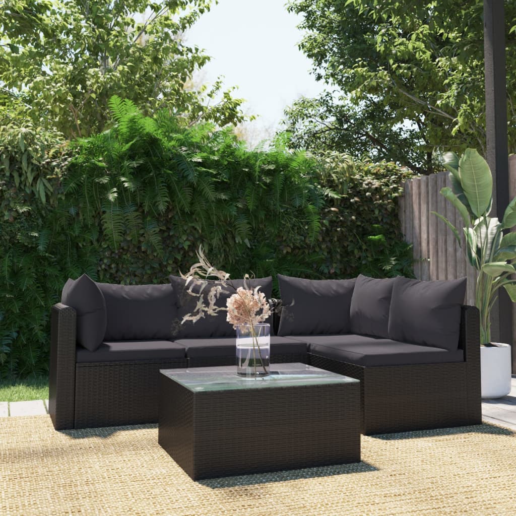 vidaXL Salon de jardin 5 pcs avec coussins Résine tressée Noir