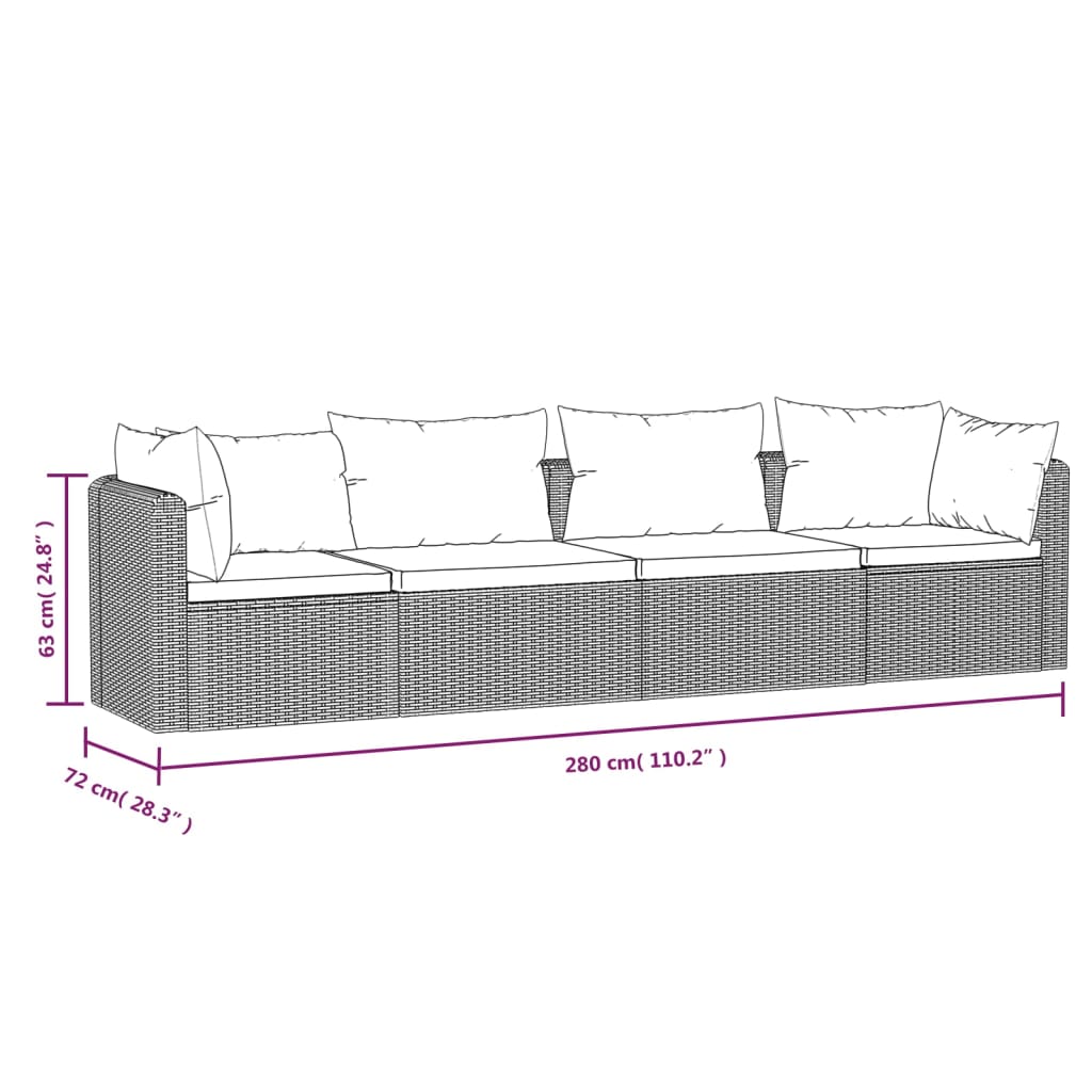  4-dielna záhradná sedacia súprava+podložky, polyratan, čierna