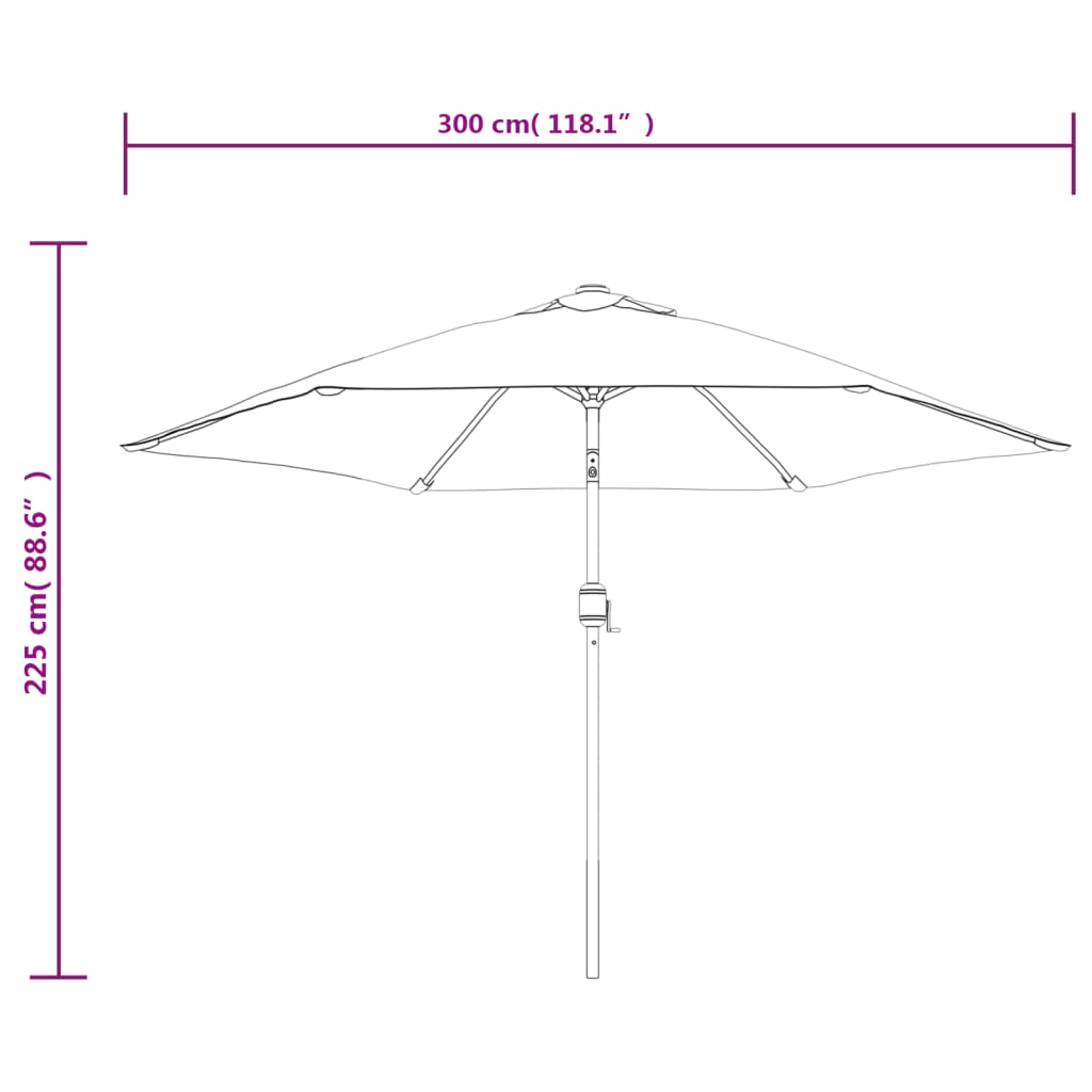 azúrkék kültéri napernyő LED-fényekkel és acélrúddal, 300 cm