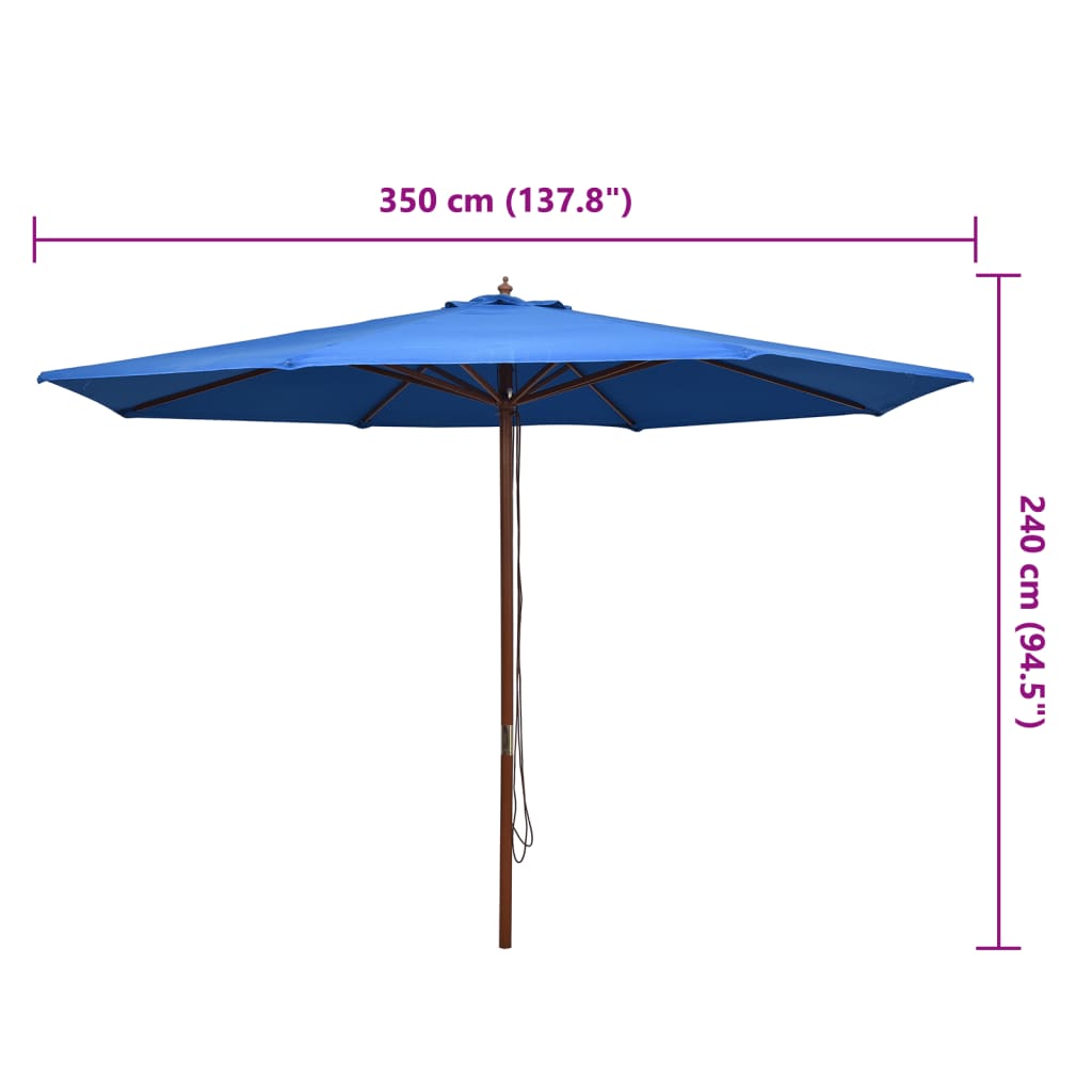 Umbrelă de soare de exterior, stâlp din lemn, albastru, 350 cm