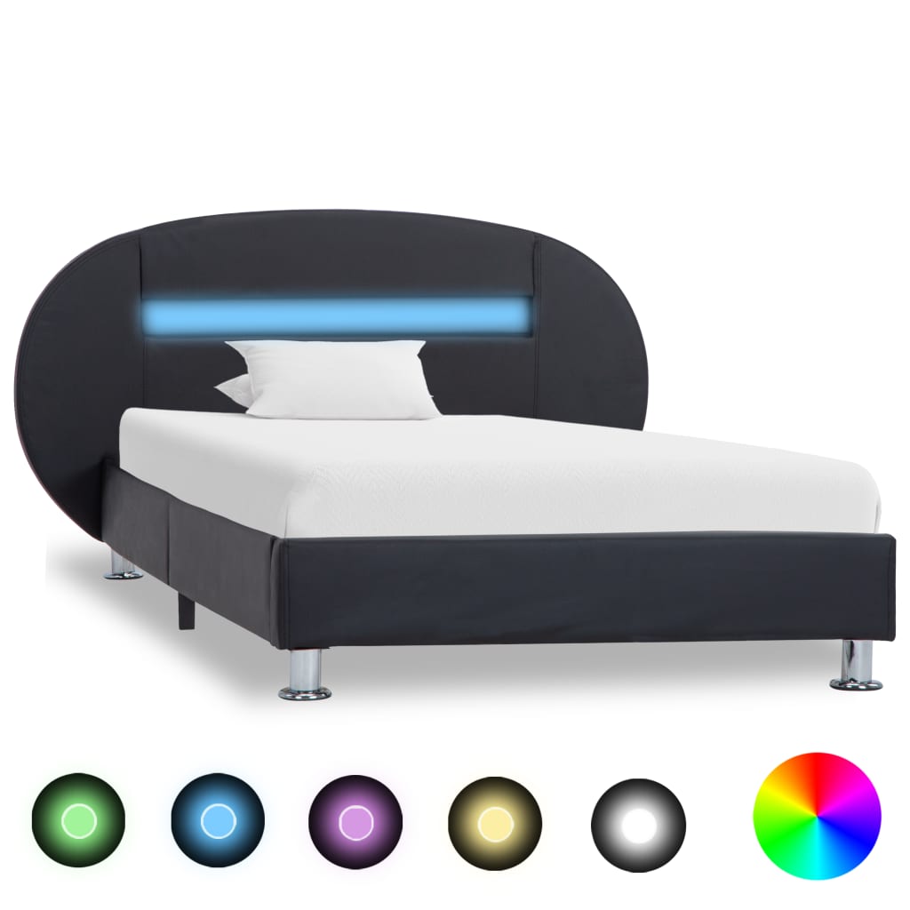 vidaXL Cadru de pat cu LED, negru, 90 x 200 cm, piele ecologicÄƒ