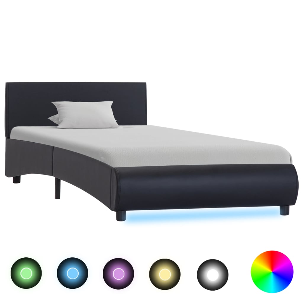 vidaXL Cadru de pat cu LED, negru, 90 x 200 cm, piele ecologică