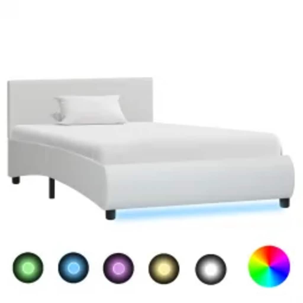 Lovos rėmas su LED, baltos spalvos, 90x200cm, dirbtinė oda 