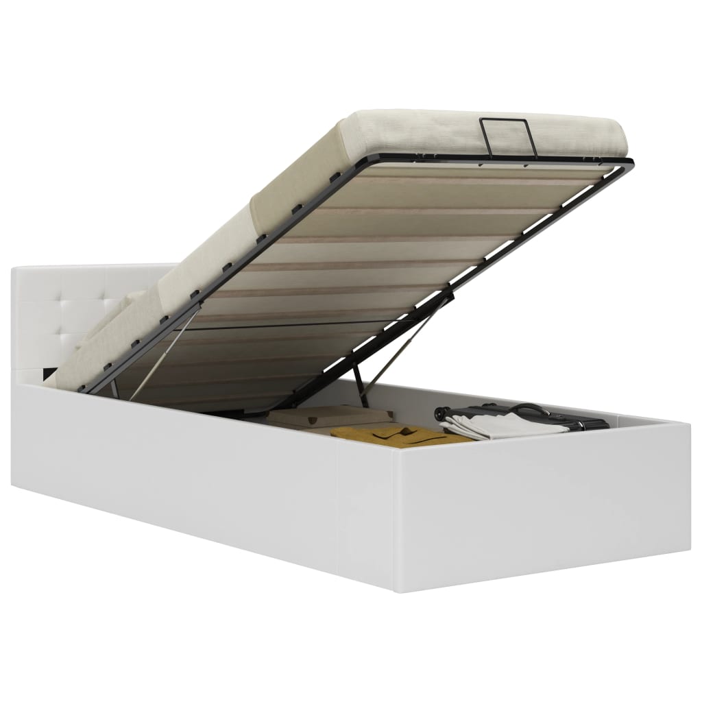 vidaXL Cadru pat hidraulic cu ladă, alb, 100 x 200 cm, piele ecologică vidaXL