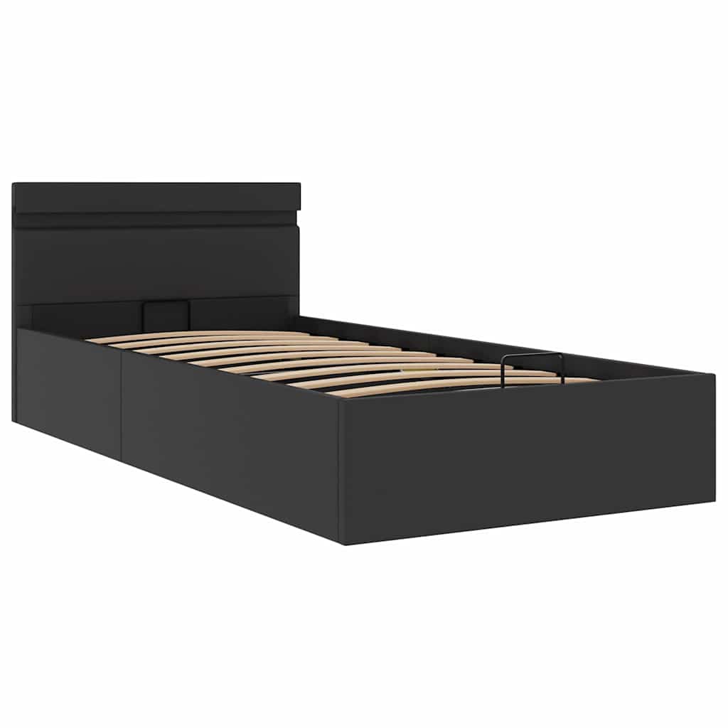 vidaXL Cadru pat hidraulic cu ladă LED negru 90x200 cm piele ecologică