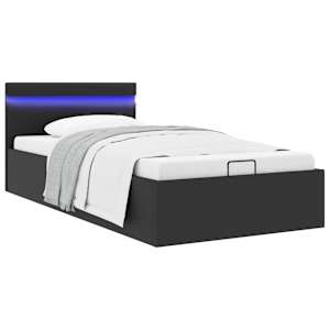 Dvižni posteljni okvir LED črno umetno usnje 90x200 cm