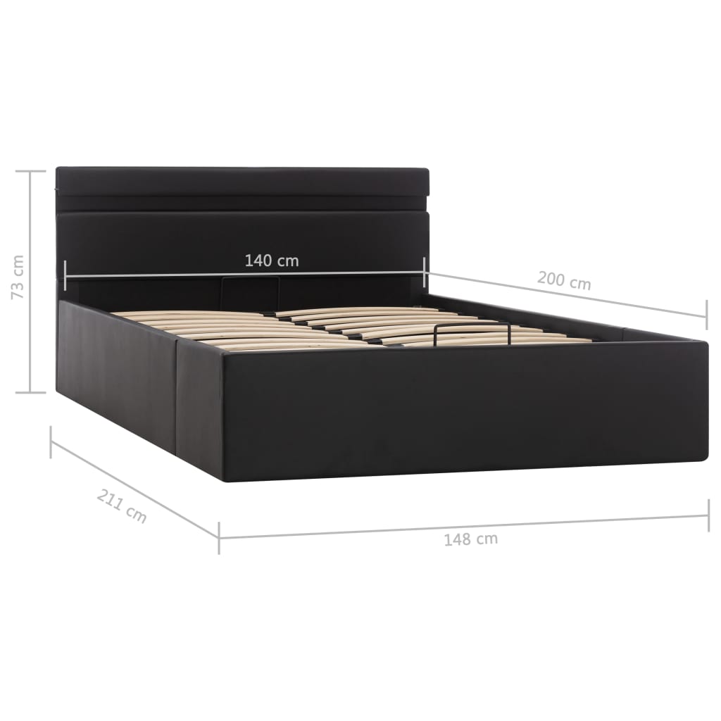 Cadru pat hidraulic ladă, LED, negru 140x200 cm piele ecologică