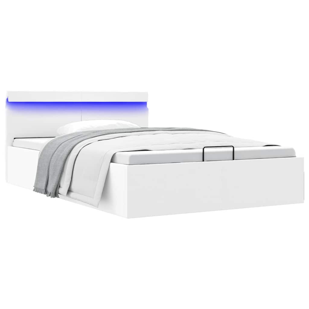 vidaXL Cadru pat hidraulic ladă cu LED alb 140x200 cm piele ecologică