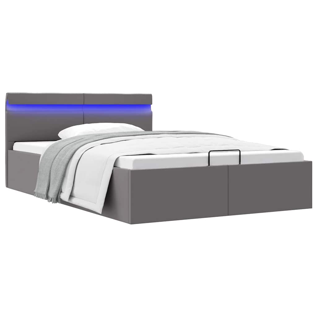 hydraulisk opbevaringsseng med LED 140x200 cm kunstlæder grå